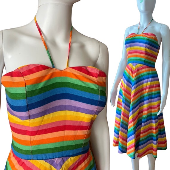 Vintage 1970s Rainbow Stripe Cotton Summer Dress - image 1