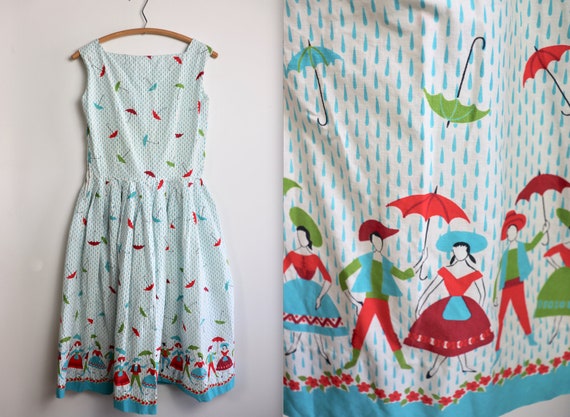 Vintage 1950s Raindrop + Umbrella Novelty Cotton S