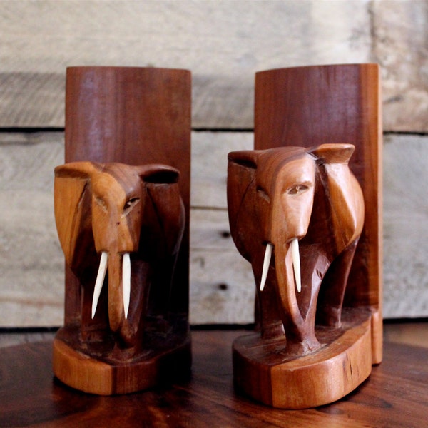 vintage hand carved elephant wooden bookend