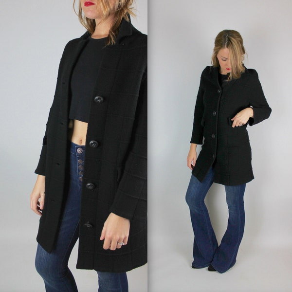 vtg 60's black knit CARDIGAN sweater pocket long duster jacket PANEL bohemian WOOL dorce leroy Minimalist Coat