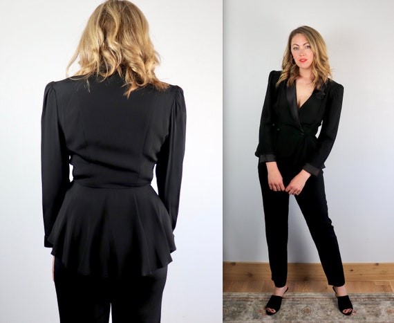 Vintage 90s Black Pant Suit High-Low Tuxedo Blouse