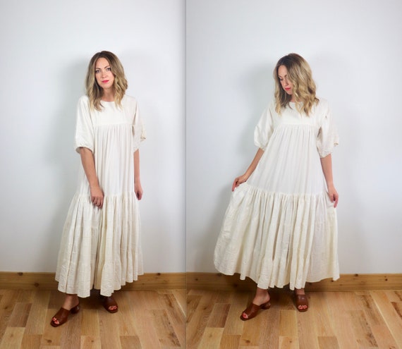 Vintage 70s Boho Burlap Smock Dress