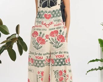 New Women’s boutique seed sack poppy flower print overalls