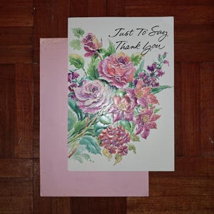 Vintage 1990s Thank You Card Depicting A Pink Floral Bouquet & Pink Envelope