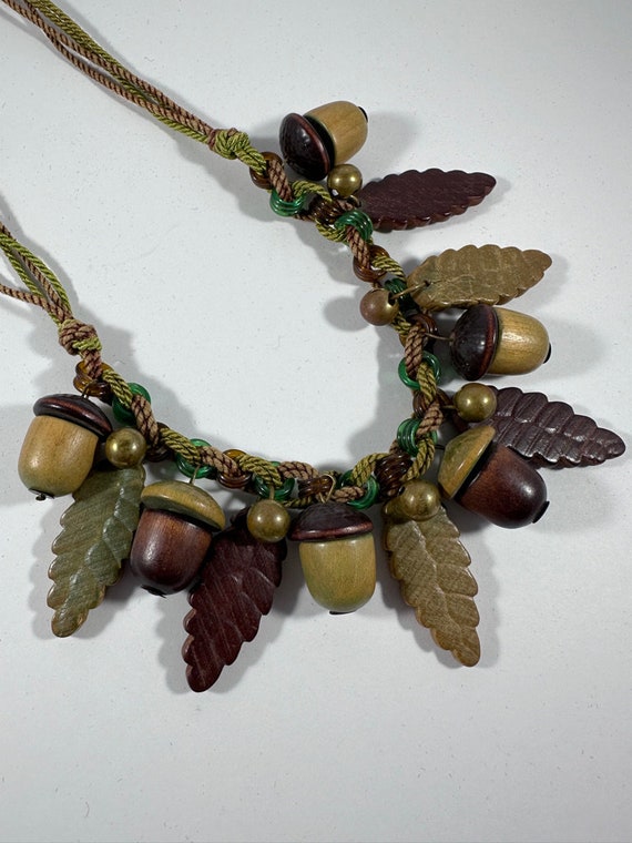 Vintage Carved Wood Acorns and Leaves Necklace - image 3