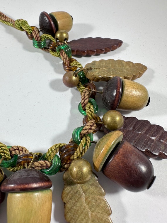 Vintage Carved Wood Acorns and Leaves Necklace - image 6