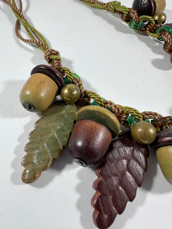 Vintage Carved Wood Acorns and Leaves Necklace - image 2