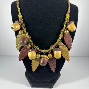Vintage Carved Wood Acorns and Leaves Necklace