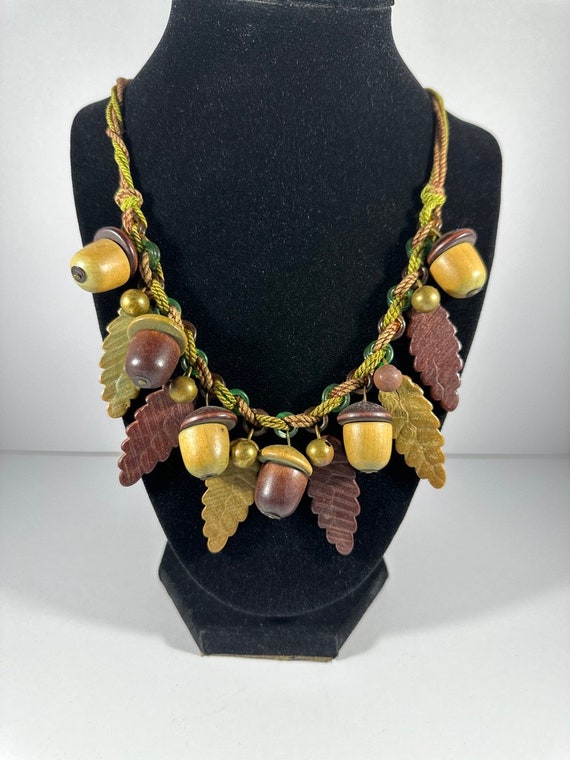 Vintage Carved Wood Acorns and Leaves Necklace