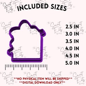 May include: A purple cookie cutter in the shape of a chef's hat and a rectangular frame. The image includes size measurements from 2.5 inches to 5.0 inches. Text on the image reads "INCLUDED SIZES".