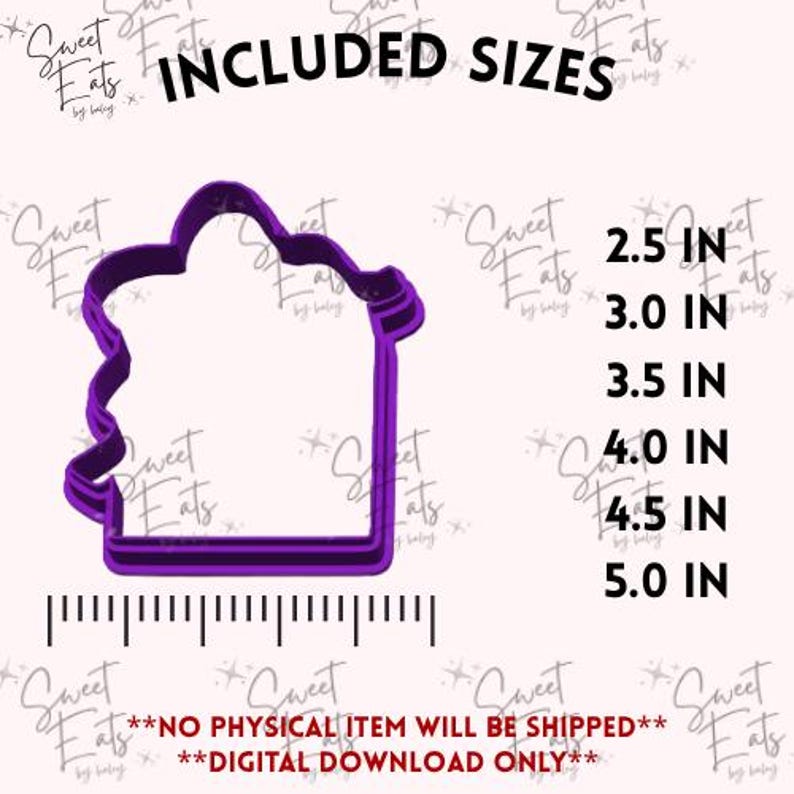 May include: A purple cookie cutter in the shape of a chef's hat and a rectangular frame. The image includes size measurements from 2.5 inches to 5.0 inches. Text on the image reads "INCLUDED SIZES".
