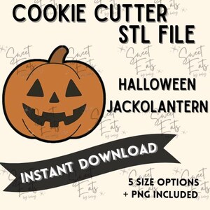 Puede incluir: Un archivo digital para un cortador de galletas de calabaza de Halloween. La imagen presenta una calabaza naranja sonriente con ojos y boca negros recortados. El texto incluye "COOKIE CUTTER STL FILE", "HALLOWEEN JACKOLANTERN", y "INSTANT DOWNLOAD".