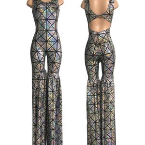 Stilting Costume in Silver on Black Cracked Tiles, Twist back, sleeveless, scoop neck with leggings style fit over full cut leg  157715