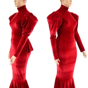 Red Velvet Puddle Train Gown with Victoria Sleeves, Turtleneck, Back Zipper and Ruffle Rump 157450