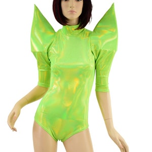 Neon Lime Holographic Mega Sharp Shoulder Half Sleeve Romper with Turtleneck, Zipper Back, and Siren Cut Leg - 157618