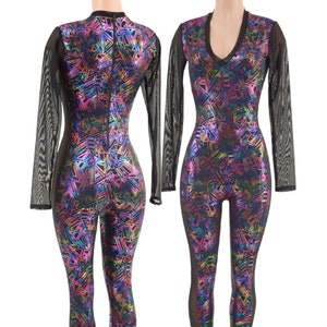 Cyberspace catsuit with Sheer Black Mesh Side Panels and  Black Mesh Long Sleeves.  V neck trimmed in black mesh, BACK ZIPPER 157718