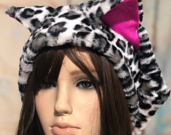 Snow Leopard Minky Faux Fur Beanie with Kitty Ears (ears lined in neon pink)  157374