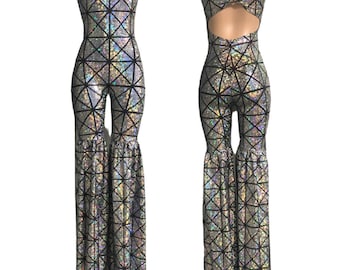 Stilting Costume in Silver on Black Cracked Tiles, Twist back, sleeveless, scoop neck with leggings style fit over full cut leg