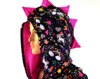 Unicorns and Rainbows Zipper Front Half Sleeve Crop Hoodie with Neon Pink Holographic Spikes & Hood Liner