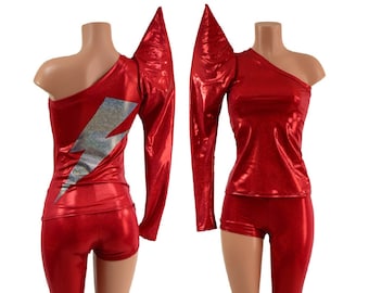 Bowie Inspired Asymetrical Top and Pants Mock Catsuit with Rebel Lightning Bolt EMK