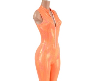 Sleeveless Stella Catsuit with Capri Length leg and front zipper, created in Neon Orange Sparkly Jewel 157695