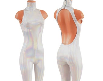 Backless Flashbulb Holographic Catsuit with Snap Back Turtleneck and cut in shoulders 157488