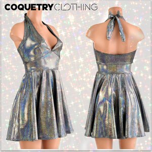 Silver Holographic Halter Tie Back Fit and Flare Skater Dress - 154219