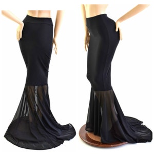 High Waist Black Zen Skirt with Sheer Black Mesh Mermaid Style Puddle Train Skirt 154955