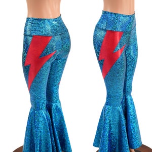 Turquoise on Black Shattered Glass High Waist Bell Bottoms with Red Sparkly Jewel  Bolts on front right and back left thighs  158042
