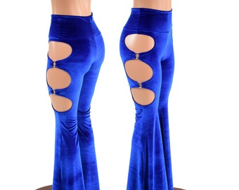 Sapphire Blue Velvet High Waist Solar Flares with Triple Cutouts and O-rings