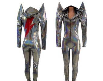Silver Holo Mega Sharp Shoulder Catsuit with front zipper, self lined hood, and RED JS Bolt applique on back