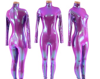 Plumeria Holographic Catsuit with Long Sleeves, Turtleneck, and Black Back Zipper 157514