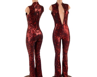 Primeval Red Sleeveless Catsuit with Stella Neckline, Front Zipper, and Boot Cut Leg 15810034