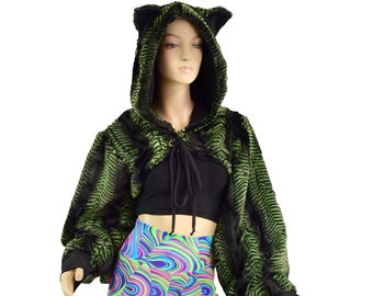 Lime Mamba Minky Shrug with Baloon Sleeves and Kitty Ear Hood, Laceup tie over bust - EMK1579265