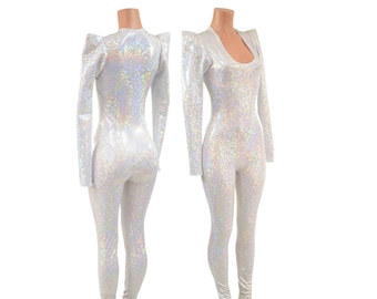 May include: A white, long-sleeved jumpsuit with a shimmering, iridescent finish. The jumpsuit features a scoop neckline and padded shoulders. The garment is displayed on a mannequin, showcasing the front and back views.