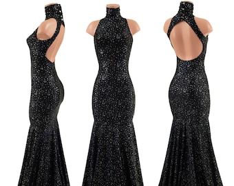 Star Noir Backless Trumpet Gown with Snap Back Turtleneck and Cut Away Shoulders 157498