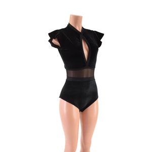 Black velvet siren romper with keyhole neckline and mesh waist panel // Flip sleeves and back zipper// All trim in black mesh - 156901