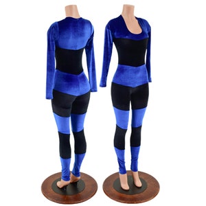Seven Layer Evolution Catsuit in Sapphire and Black Velvet Long Sleeves and Scoop Neckline 157602