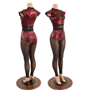 Primeval Red & Back Mesh Inset Keyhole Catsuit with Siren cut and Mesh Legs EMK157863