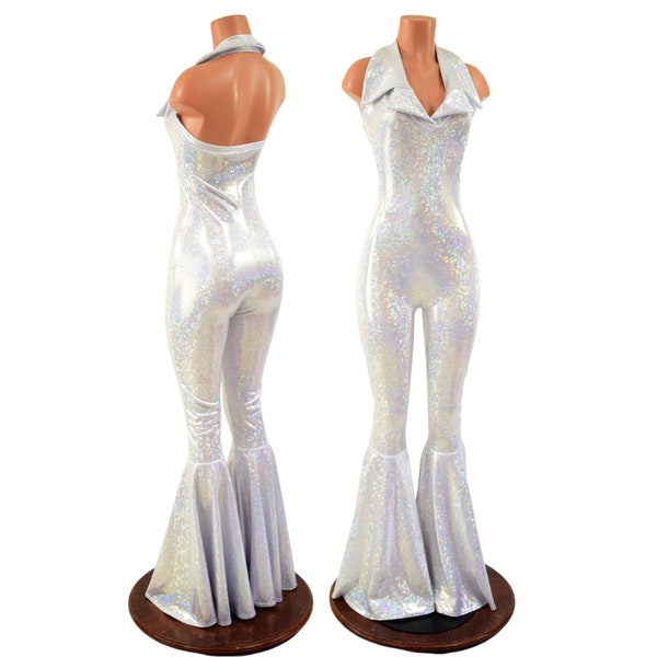 Dazzling Bell Bottom Catsuit with Showtime Collar and Backless Neckline created in White Kaleidoscope