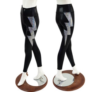 Black Mystique High Waist Leggings with Silver Kaleidoscope Bolts on back right and front left thighs  1579279