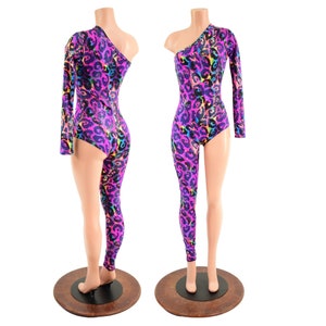 Rainbow Leopard One Shoulder Catsuit with Long Left Sleeve, Long Right Leg, and Siren Cut Left Leg 1580949