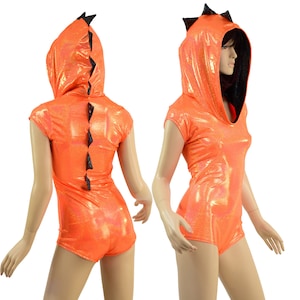 Neon Orange Sparkly Jewel Dragon Hooded Romper / Cap Sleeves and Boy Cut Leg, Spikes and Hood Liner Black on Black Shattered Glass  15810106