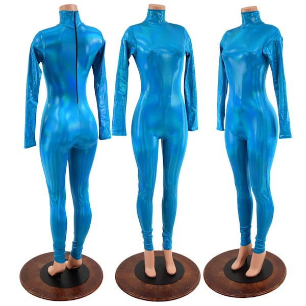 Peacock Holographic Catsuit with Long Sleeves, Turtleneck, and Black Back Zipper 157515