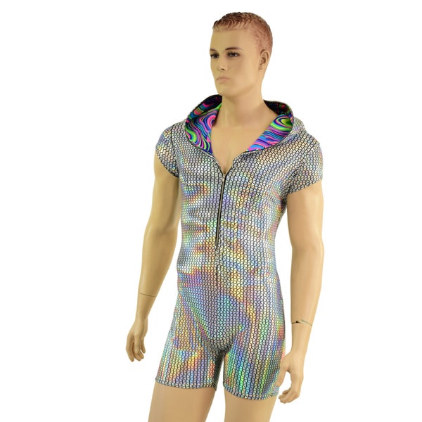 Mens Prism Holographic Zipper Front Cap Sleeve Hoodie Romper w/ Glow Worm Hood Liner and 4" Inseam- 1579256