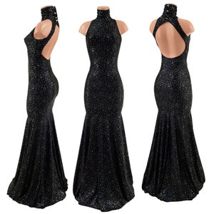 Star Noir Backless Trumpet Gown with Snap Back Turtleneck and Cut Away Shoulders 157498