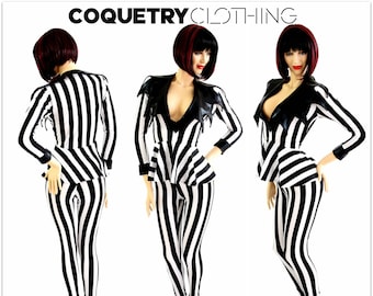 2PC Black and White Stripe 3/4 Sleeve Peplum Top with "Demonica Collar" and sleeve cuffs in Black Mystique & High Waist Leggings 154499