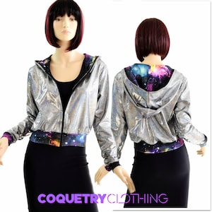 Silver Holographic Long Sleeve Zipper Front Cropped "Kimberly" Hoodie Jacket with UV Glow Galaxy Hood Lining & Cuffs 154407