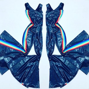 Black Holographic Bell Bottom Tank Catsuit with Retro Rainbow Side Panels 157771