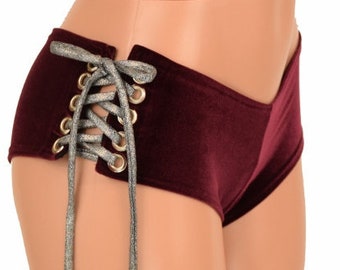Burgundy Velvet Spandex Lace Up Ultra Cheeky Booty Shorts Rave Hot Pants Cheekies with Silver Holographic ties -
